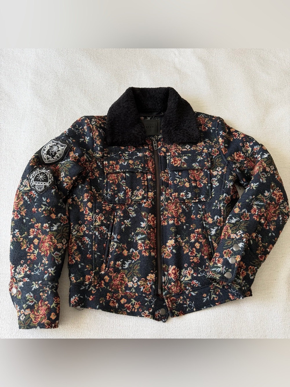 BlankNYC Navy Tapsesry Flight Floral Cottagecore Bomber Jacket